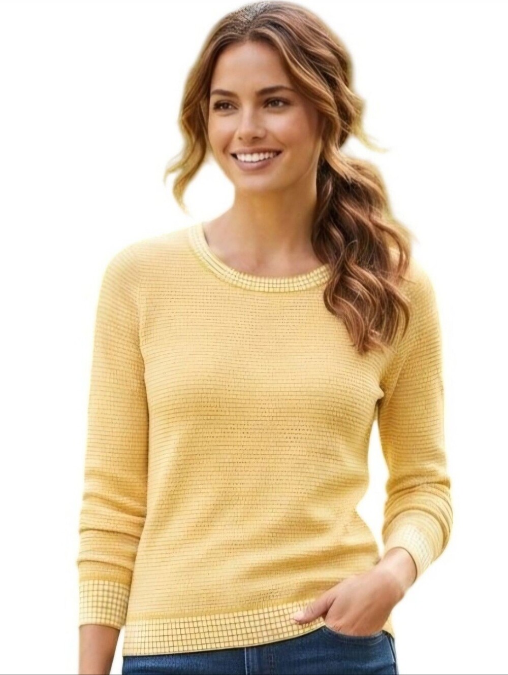 Talbots NWT Petite Mustard White Cotton Blend Crew Neck Logistic Sweater Size Sp